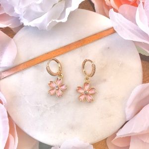 Pink Flower and Gold Rhinestone Huggy Hoop Dangly Earrings NWT